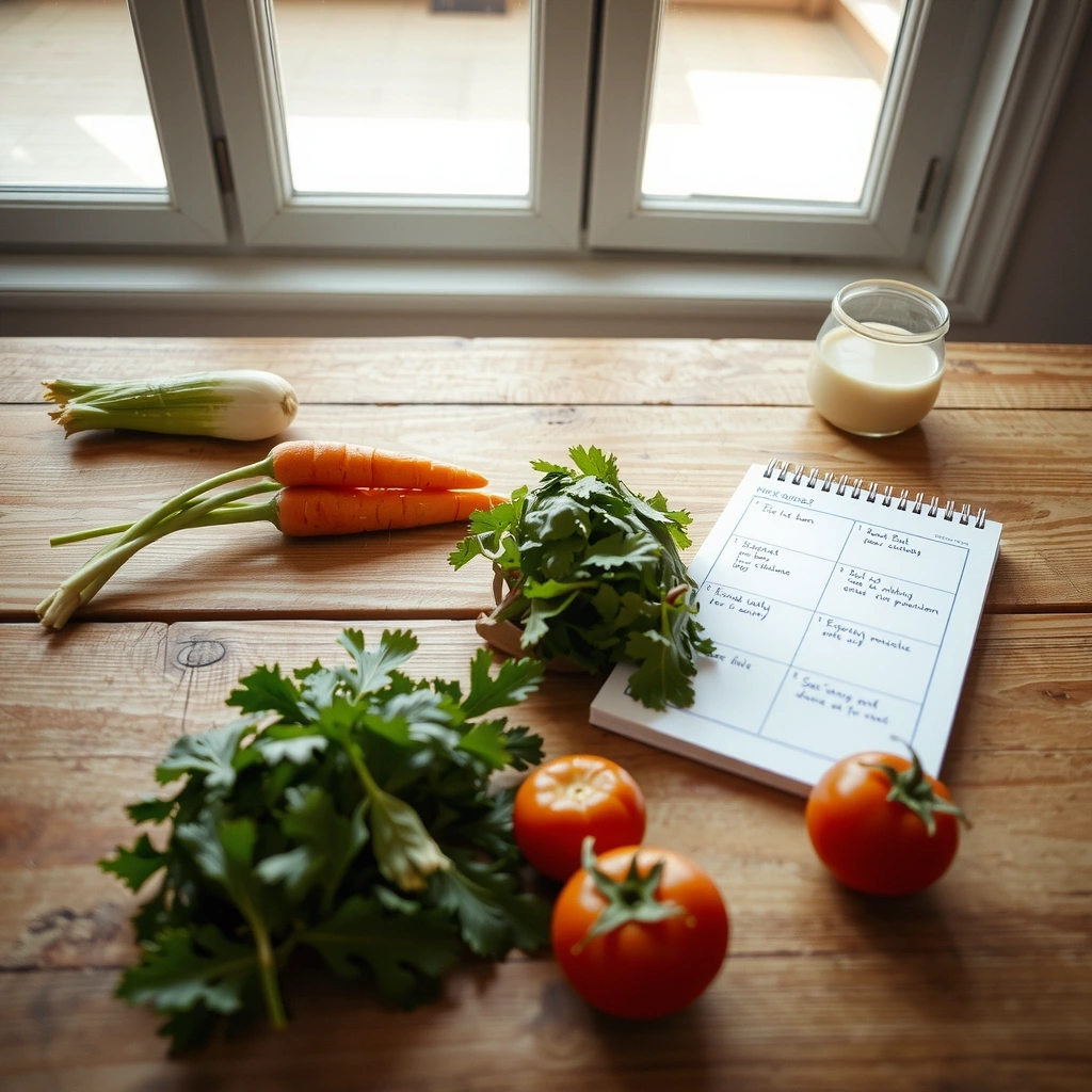Frische regionale Lebensmittel und Ernährungsplan auf Holztisch